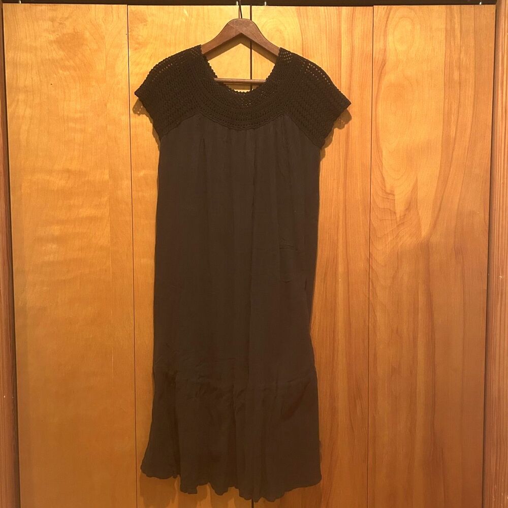 VTG‎ Bila Dress-Black Cotton Gauze-Crochet Trim Neck & Shoulder-*Read-Boho-Beach